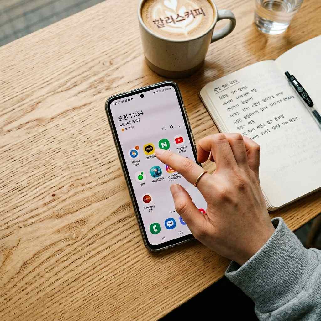 스마트폰 화면에서 앱을 선택하는 손