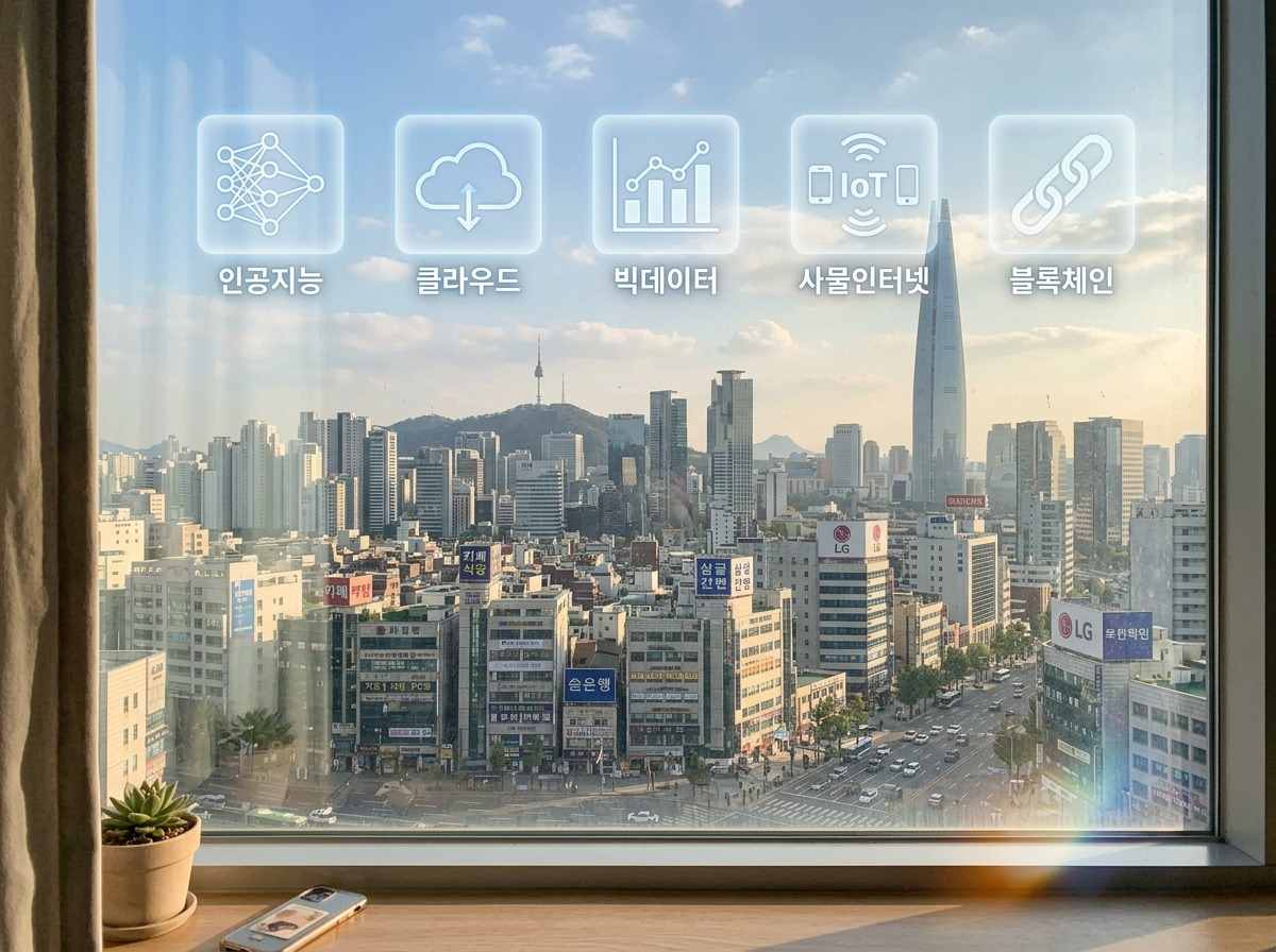 2026년 IT 트렌드를 상징하는 아이콘(AI, 클라우드, 빅데이터, IoT, 블록체인)들이 한국의 미래 도시 풍경 위로 겹쳐 보이는 모습