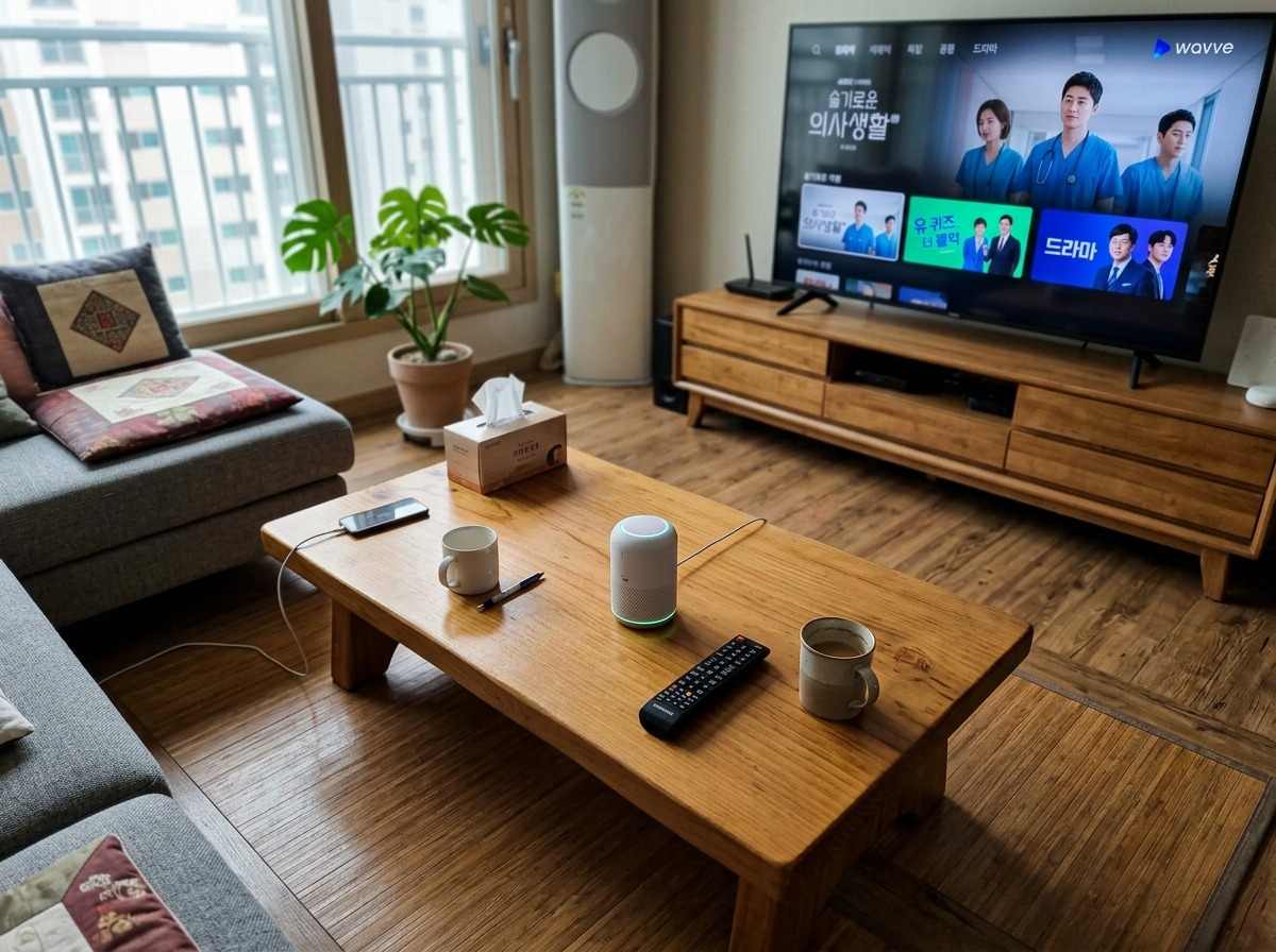 한국 가정을 배경으로 AI 스피커와 스마트 TV가 연결된 모습