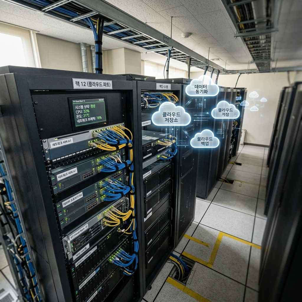 깔끔하게 정리된 서버실 내부에 클라우드 아이콘이 떠 있는 모습