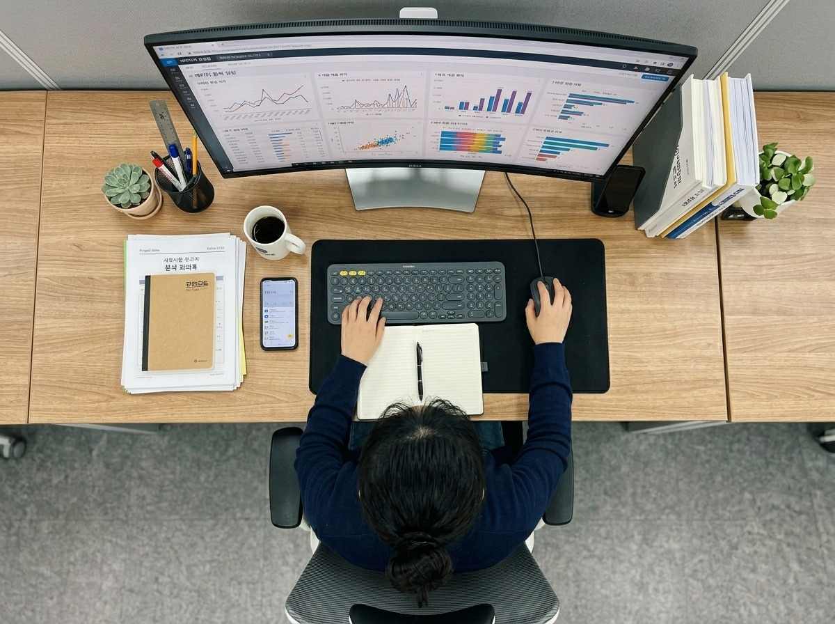 한국 데이터 분석가가 모니터 화면으로 복잡한 그래프와 데이터를 분석하는 모습