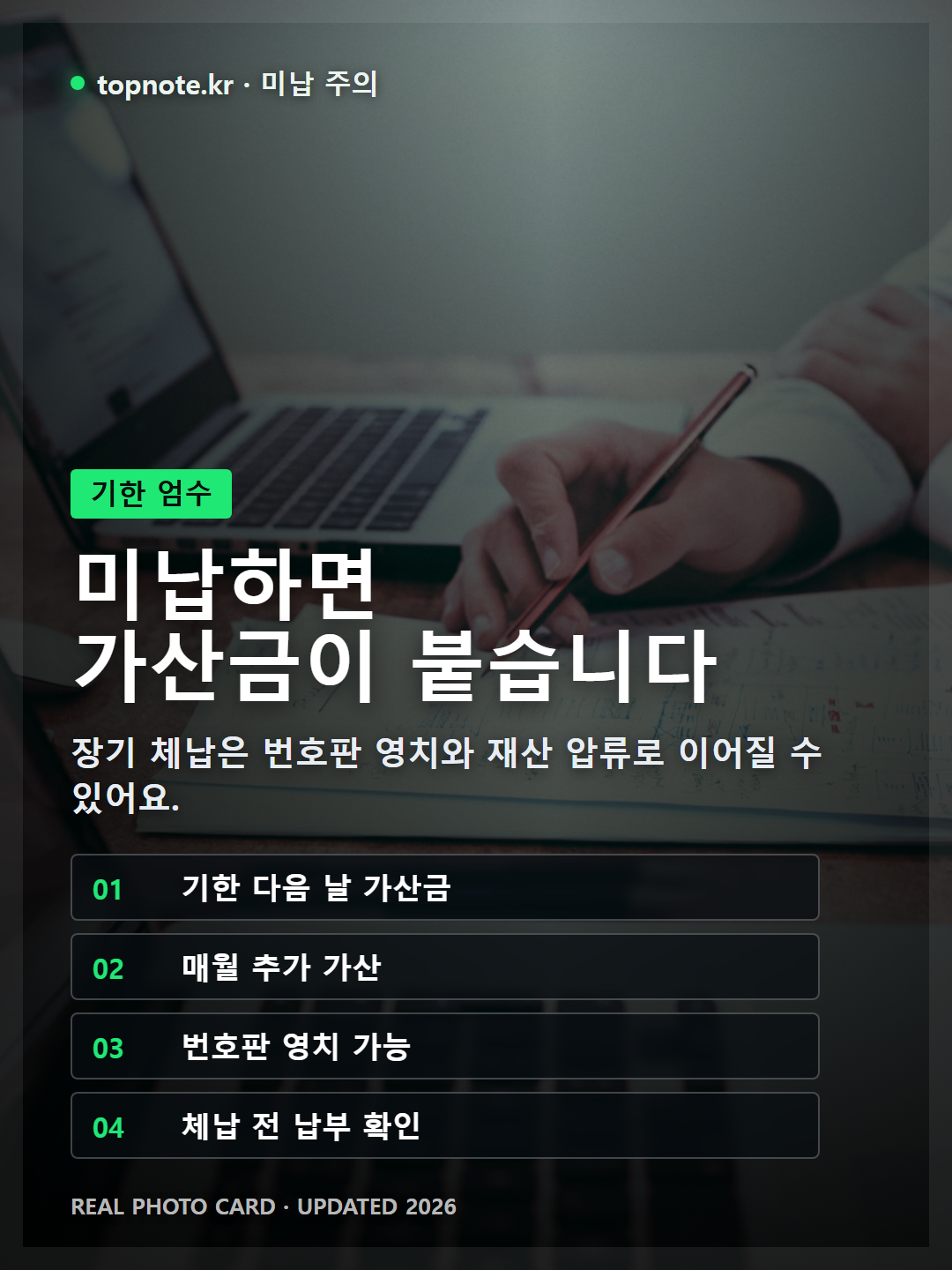 자동차세 납부 기한 경과 시 부과되는 가산금과 장기 미납 시 번호판 영치, 재산 압류 등 단계별 불이익을 안내하는 이미지