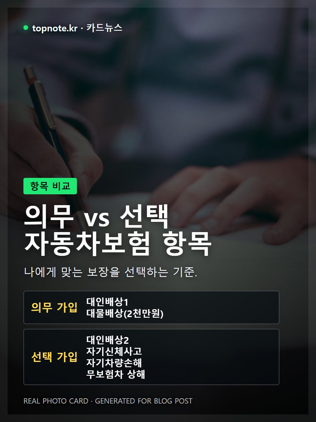 자동차보험의 의무 가입 항목과 선택 가입 항목을 명확하게 비교하는 표