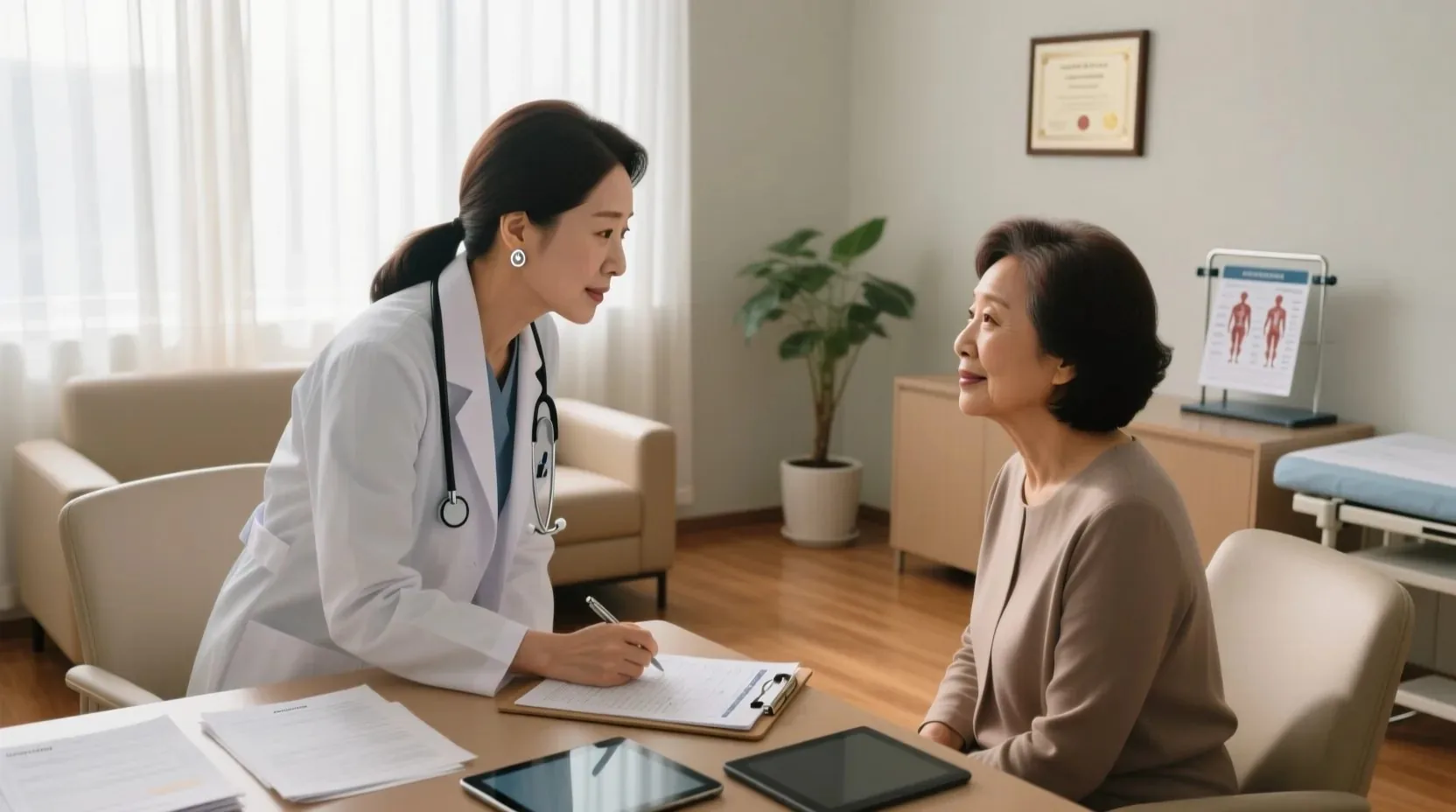 의사와 환자가 건강 기록을 함께 검토하는 진료실 장면