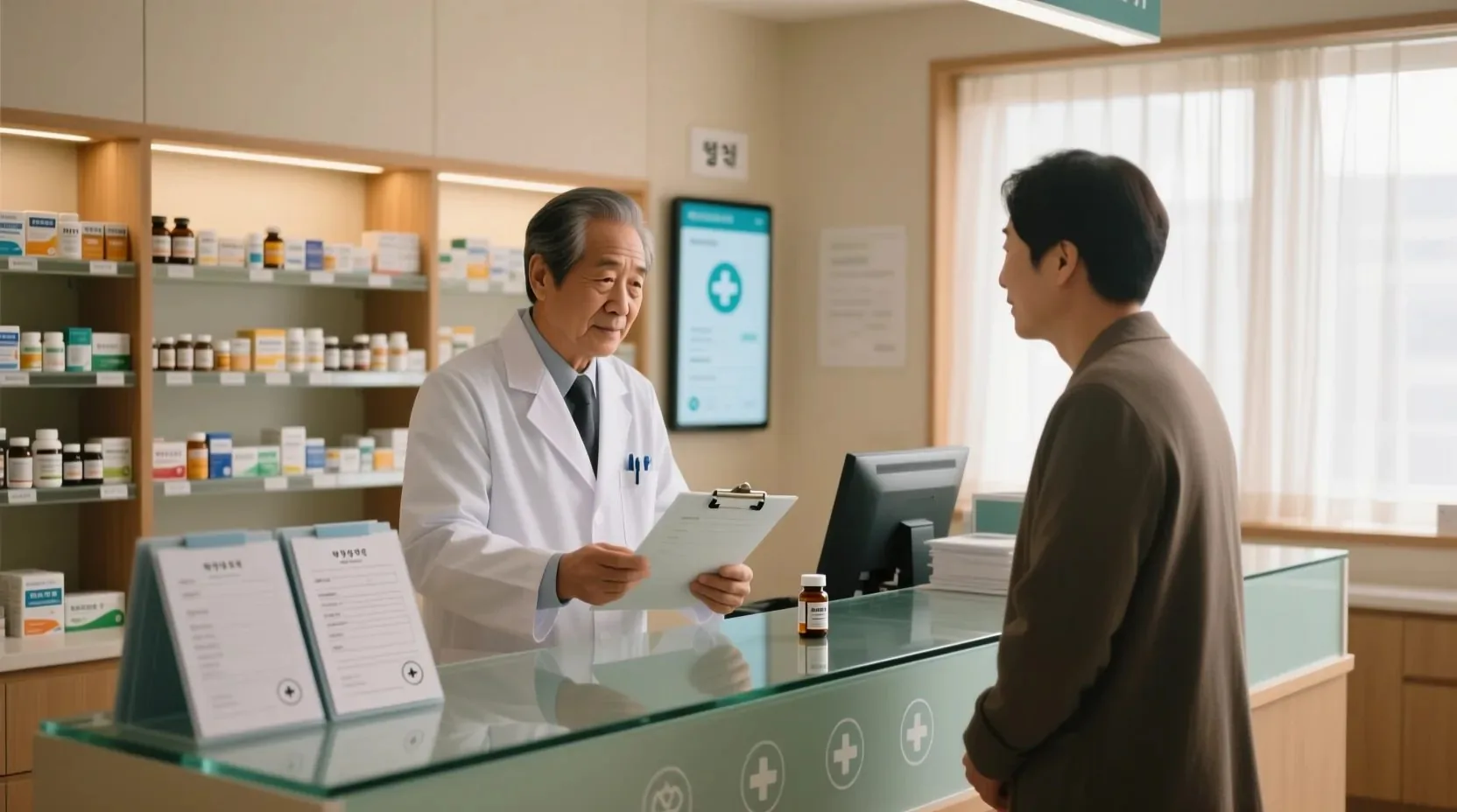 이노시톨 복용 시 부작용과 주의사항을 상담하는 약사와 고객