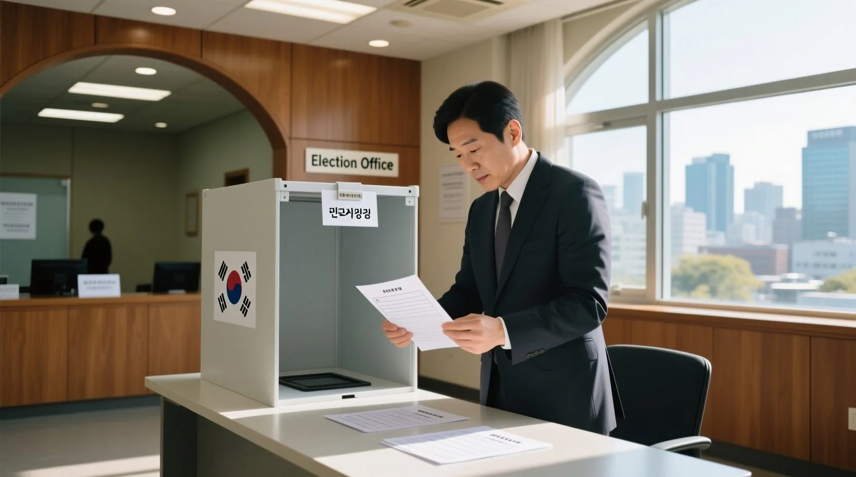 투표소에서 투표지를 확인하는 모습